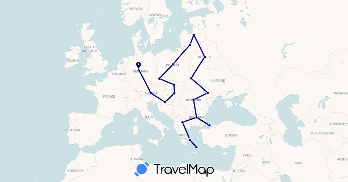 TravelMap itinerary: driving in Austria, Bulgaria, Belarus, Czech Republic, Germany, Greece, Croatia, Hungary, Lithuania, Latvia, Moldova, Macedonia, Poland, Romania, Slovakia, Turkey, Ukraine (Asia, Europe)